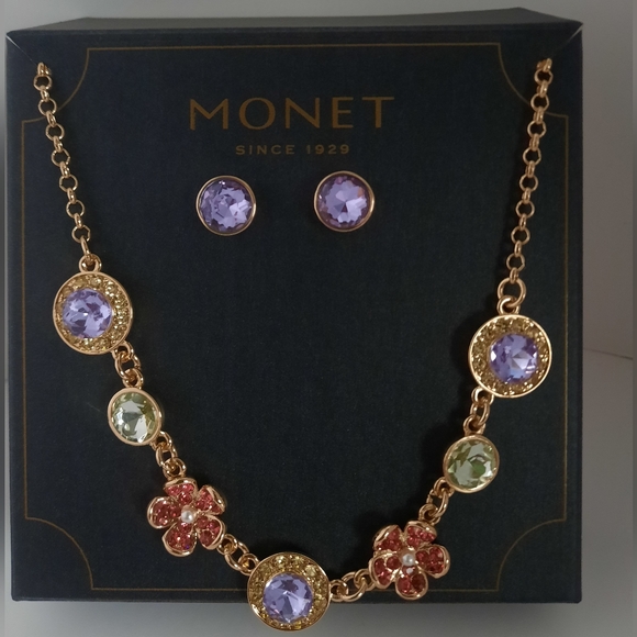 Monet Mother's Day Multi-Colored Flower Gold Tone Necklace Earring Gift Box Set - Picture 2 of 14